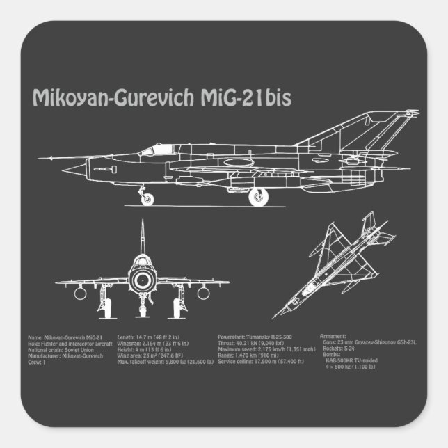 Sticker Carré MiG-21 bis - Plan directeur de l'avion PD (Devant)