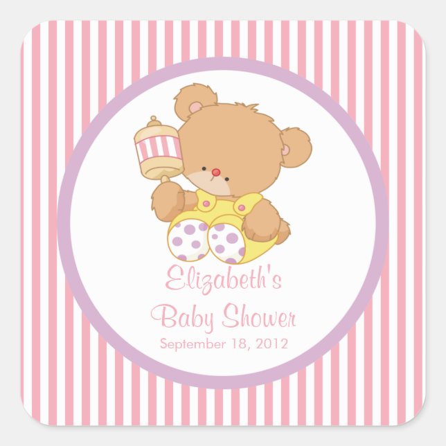 Sticker Carré mignon Baby shower Ours Teddy ! (Devant)