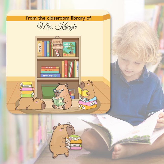 Sticker Carré Mignon Capybara de la bibliothèque de l'enseignant (Cute Capybara bookplate )