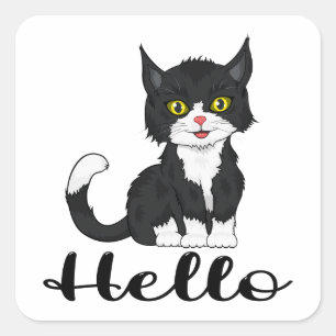 Sticker Carré Mignon Chat Chaton Dessin Animé Chat Noir Bonjour 