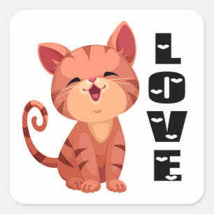 Sticker Carré Mignon Chat Chaton Orange Tabby Kitty Amour Bonjou
