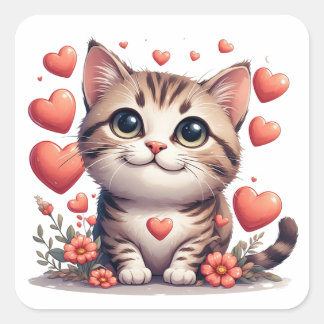 Sticker Carré Mignon Chat De Dessin Animé Avec Des Cœurs Et Des 