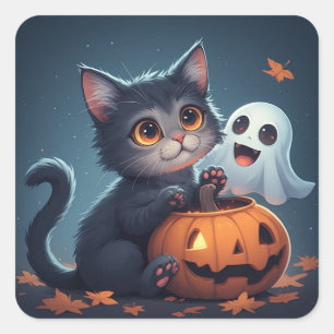 Sticker Carré Mignon Chat d'Halloween avec Fantôme et Citrouille