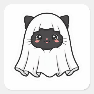 Sticker Carré Mignon Chat Noir Fantôme Halloween Kawaii