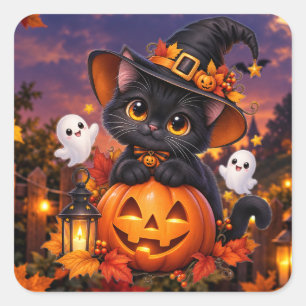 Sticker Carré Mignon Chat Noir Halloween Citrouille Sorcière Car