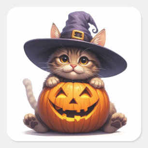 Sticker Carré Mignon Chat Sorcière Tenant une Citrouille 🎃