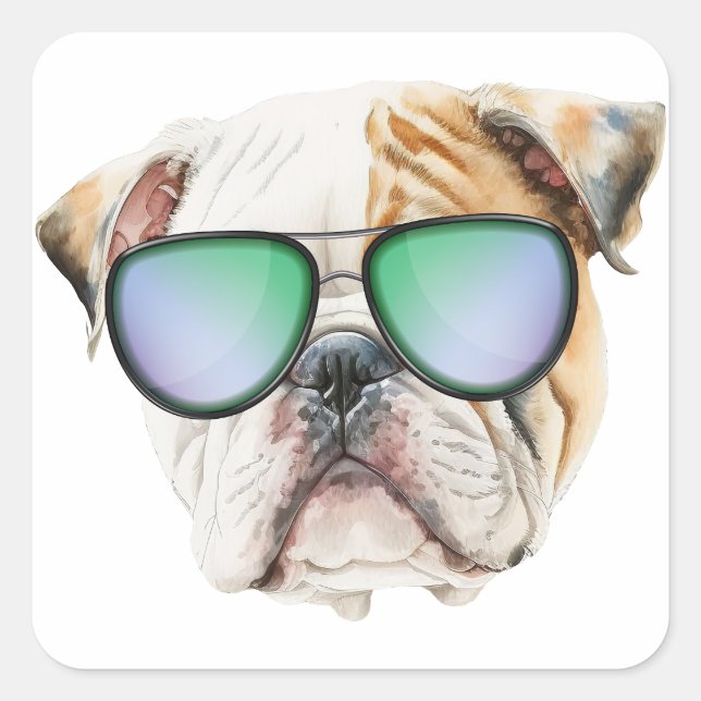 Sticker Carré Mignon chien anglais avec lunettes de soleil, Gros (Devant)