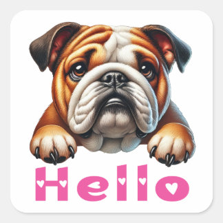 Sticker Carré Mignon chiot Bouledogue Anglais Bonjour 