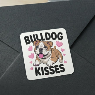Sticker Carré Mignon chiot bouledogue embrasse cœur rose amour p