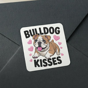 Sticker Carré Mignon chiot bouledogue embrasse cœur rose maman c