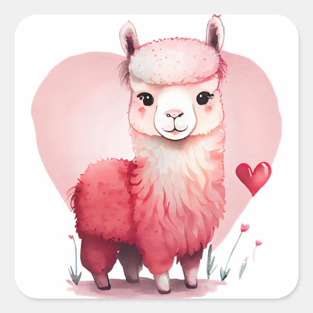 Sticker Carré Mignon Cœur Lama Rose Saint Valentin (Devant)