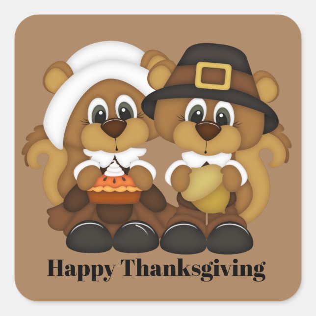 Sticker Carré mignon écureuils pèlerins de Thanksgiving (Devant)