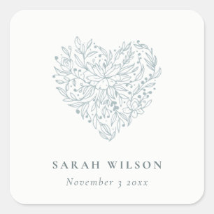 Sticker Carré Mignon Élégant Chic Minimal Bleu Floral Cœur