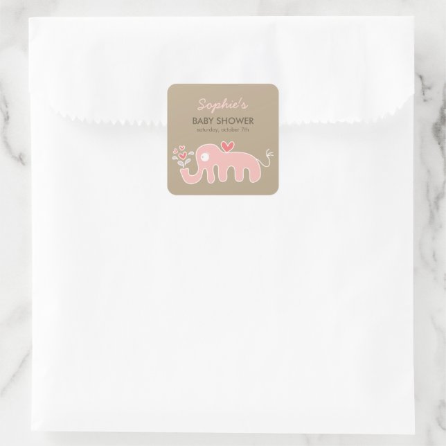 Sticker Carré Mignon Éléphant Rose Fantaisiste Fête de Naissance (Sac)