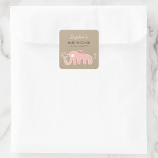 Sticker Carré Mignon Éléphant Rose Fantaisiste Fête de Naissance