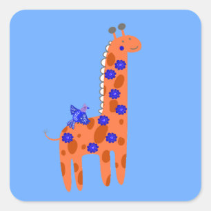 Sticker Carré Mignon Fantaisiste Girafe Art Populaire Oiseau Ora