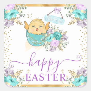 Sticker Carré Mignon floral aquarelle avec poussin et œufs de Pâ