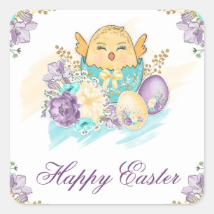 Sticker Carré Mignon floral chick de Pâques à l'aquarelle dans u