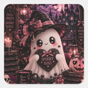 Sticker Carré Mignon Gothique Rose Fantôme Halloween Drôle Câlin