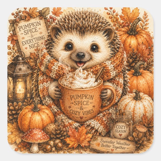 Sticker Carré Mignon hérisson au Spice Pumpkin aquarelle (Devant)