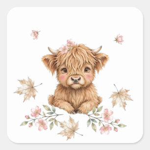 Sticker Carré Mignon Highland Cow automnal Erable Aquarelle