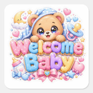 Sticker Carré Mignon Kawaii Bienvenue Bébé Ours en Peluche Rose 