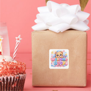 Sticker Carré Mignon Kawaii Bienvenue Bébé Ours en Peluche Rose 