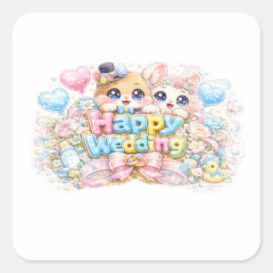 Sticker Carré Mignon Kawaii Couple Animaux Mariage Heureux Paste