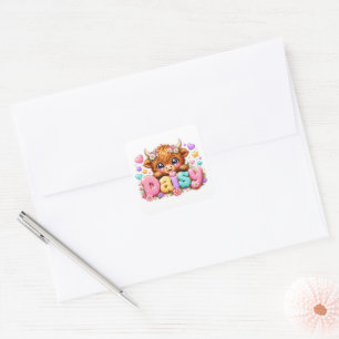 Sticker Carré Mignon Kawaii Daisy Highland Cow Nom Rose Pastel F