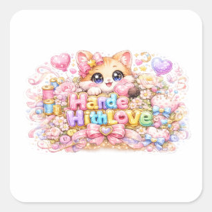 Sticker Carré Mignon Kawaii Fabriqué Avec Amour Chat Nom Pastel