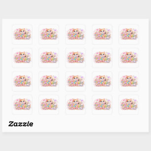 Sticker Carré Mignon Kawaii Fabriqué Avec Amour Chat Nom Pastel