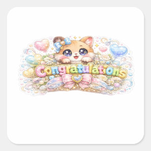 Sticker Carré Mignon Kawaii Félicitations Chat Floral Rose Paste