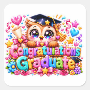 Sticker Carré Mignon Kawaii Félicitations Diplômé Hibou Pastel P
