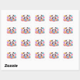 Sticker Carré Mignon Kawaii Félicitations Panda Nom Pastel Rose 
