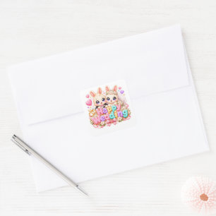 Sticker Carré Mignon Kawaii Joyeux Mariage Lapin Couple Pastel R