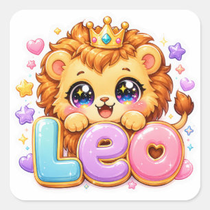 Sticker Carré Mignon Kawaii Leo Lion Nom Couronne Rose Pastel Ét