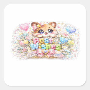 Sticker Carré Mignon Kawaii Meilleurs Vœux Chat Pastel Rose Flor