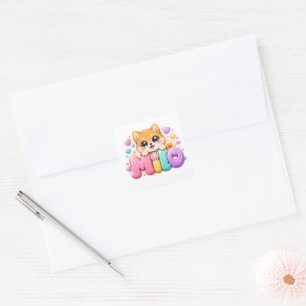 Sticker Carré Mignon Kawaii Milo Nom de Chien Rose Pastel Paille