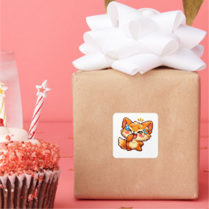 Sticker Carré Mignon Kawaii Renard Orange Rire Larmes de Joie