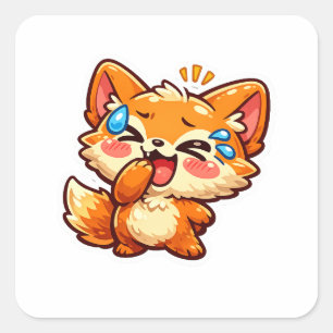 Sticker Carré Mignon Kawaii Renard Orange Rire Larmes de Joie