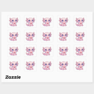 Sticker Carré Mignon Kawaii Triste Axolotl Pleure avec un Cœur B
