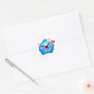 Sticker Carré Mignon Kawaii Triste Slime Bleu qui pleure avec un