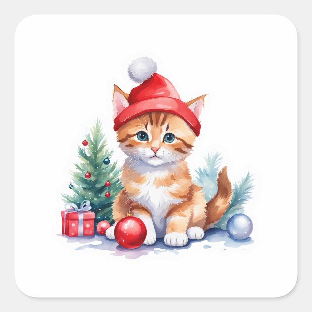Sticker Carré 🎅 mignon Kitten de Noël avec chapeau de Santa et  (Devant)