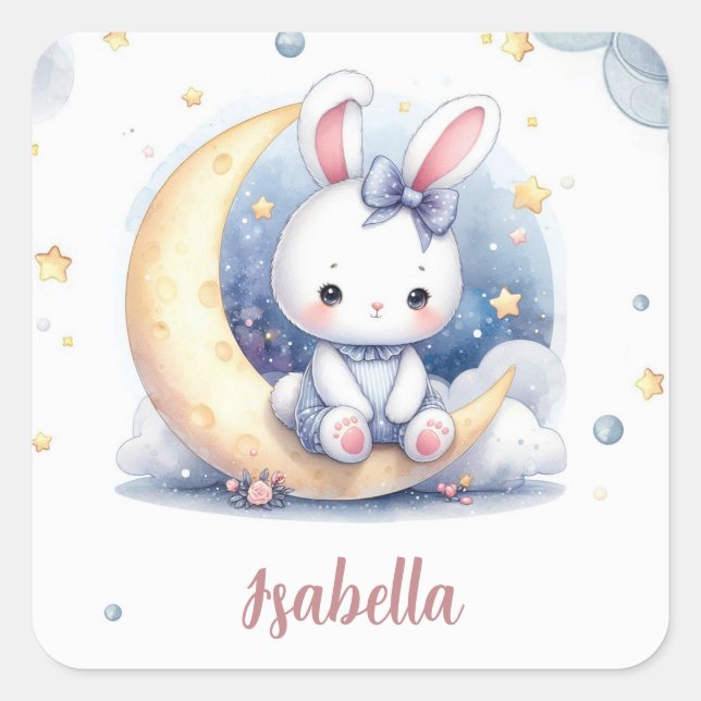 Sticker Carré mignon lapin assis sur la lune (Devant)