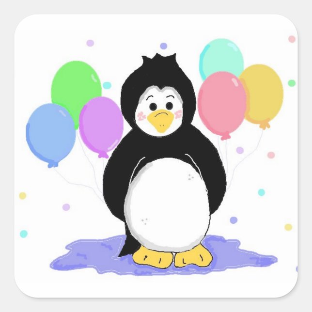 Sticker Carré Mignon manchot avec ballons de fête (Devant)