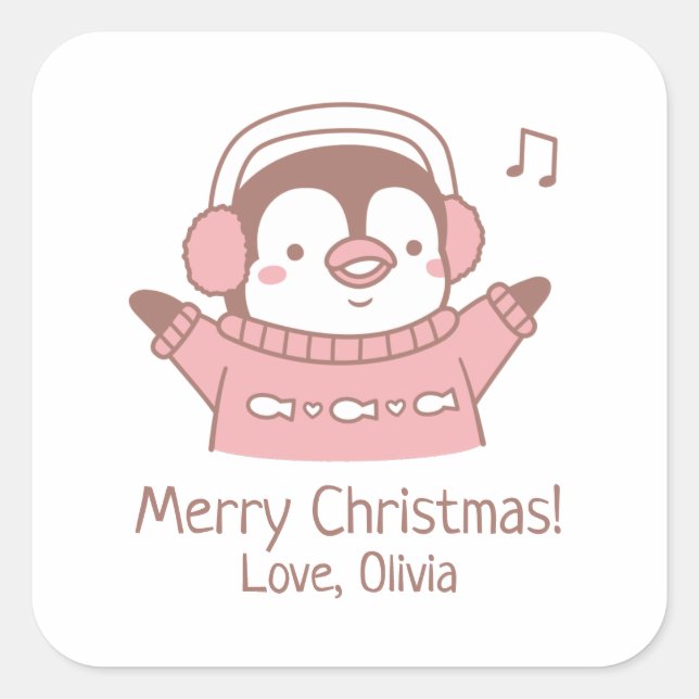 Sticker Carré Mignon manchot heureux en pull, Joyeux Noël (Devant)