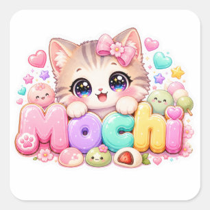 Sticker Carré Mignon Mochi Chat Nom Pastel Rose Étincelant K