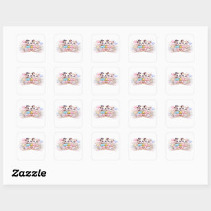 Sticker Carré Mignon Monsieur et Madame Panda Couple Pastel Rose