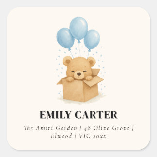 Sticker Carré Mignon Ours au Ballon Bleu Minimaliste Fête de Nai