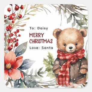 Sticker Carré Mignon ours en peluche d'hiver cadeau de Noël pour